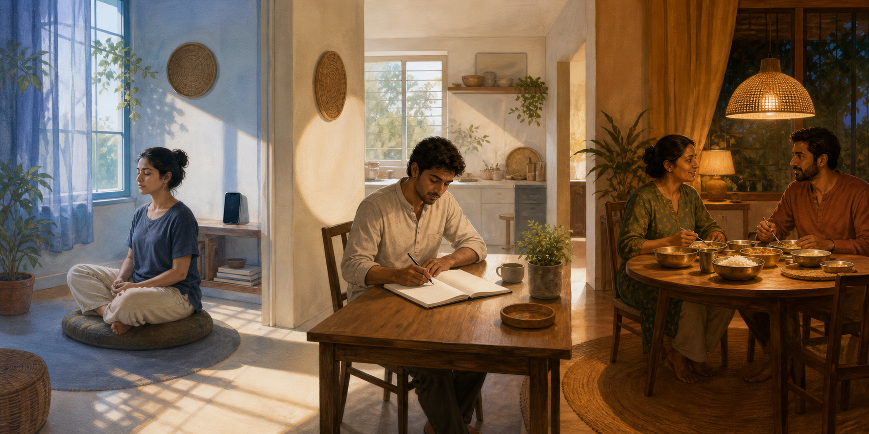 A continuous home scene moves from morning meditation to focused midday writing and an evening meal shared without phones.