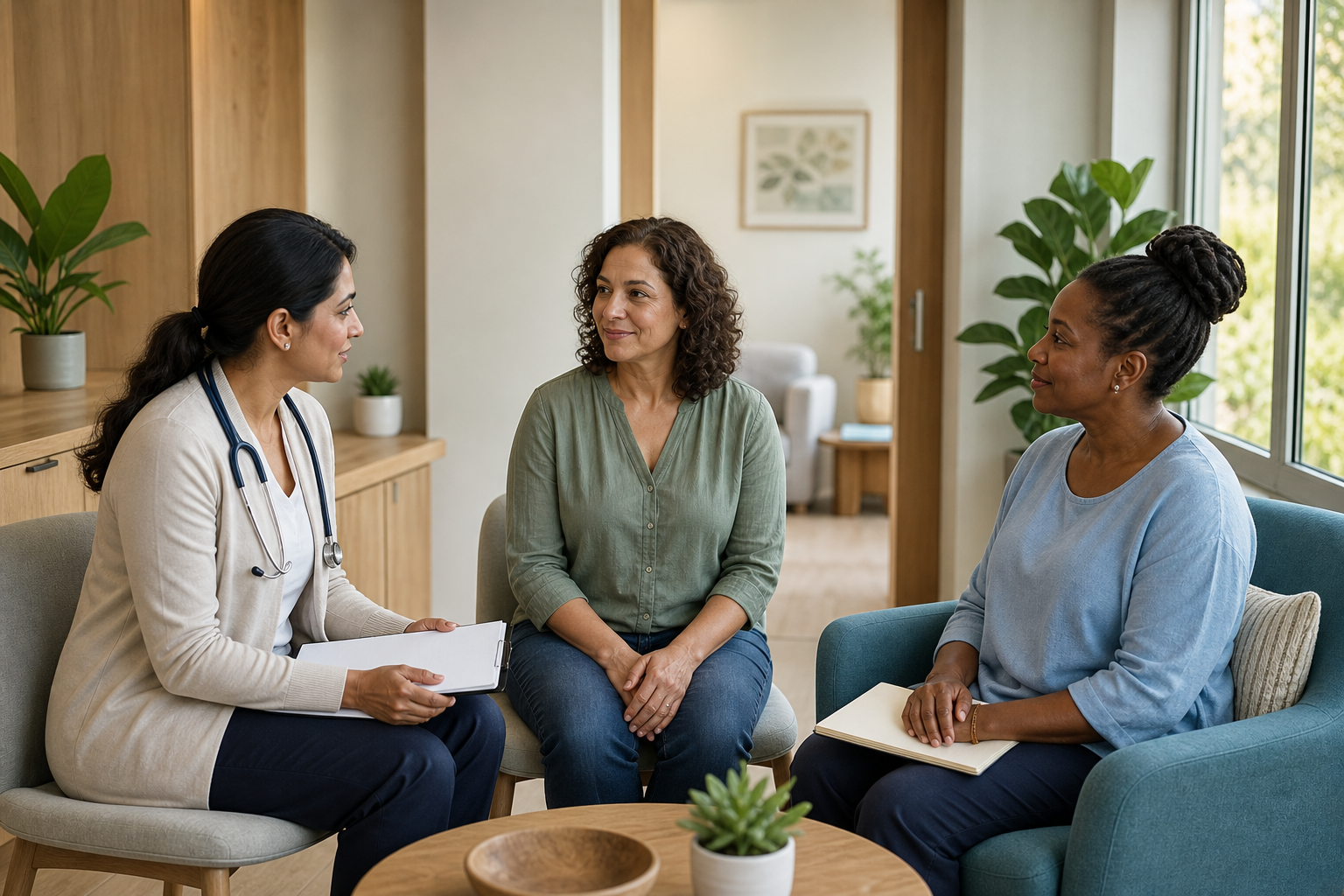 A middle-aged woman speaks with a medical clinician and a therapist in a bright consultation room.