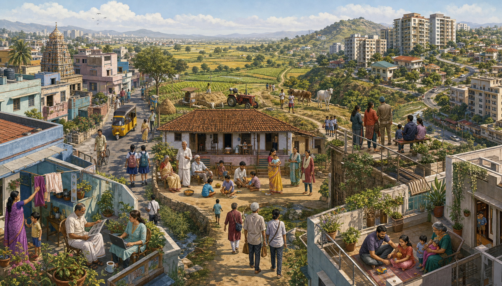 A panoramic illustration connects an Indian city, farming village, hill community, and suburb, with families of different sizes and generations going about daily life.