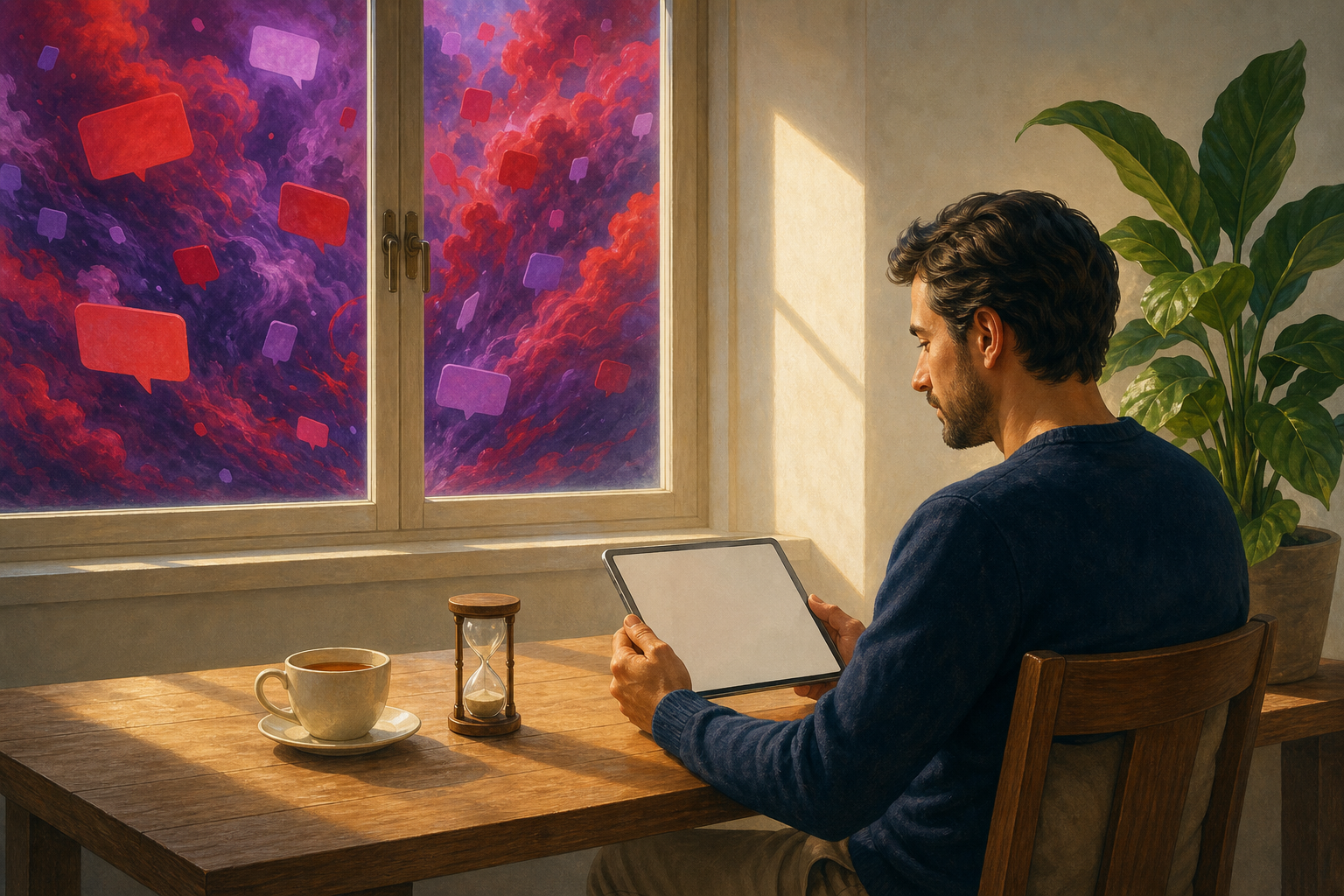 A person calmly reads a blank-screen tablet beside a sand timer and tea while turbulent red shapes remain outside a closed window.