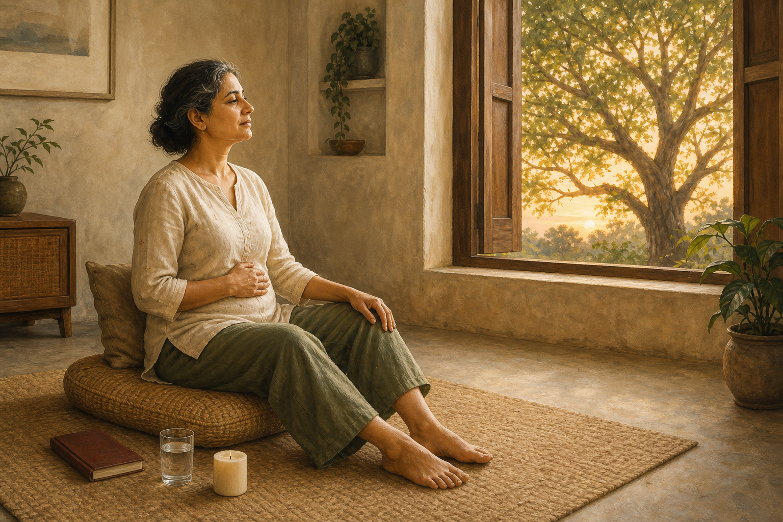 A middle-aged woman sits by an open window at sunrise with one hand on her abdomen and a closed journal nearby.