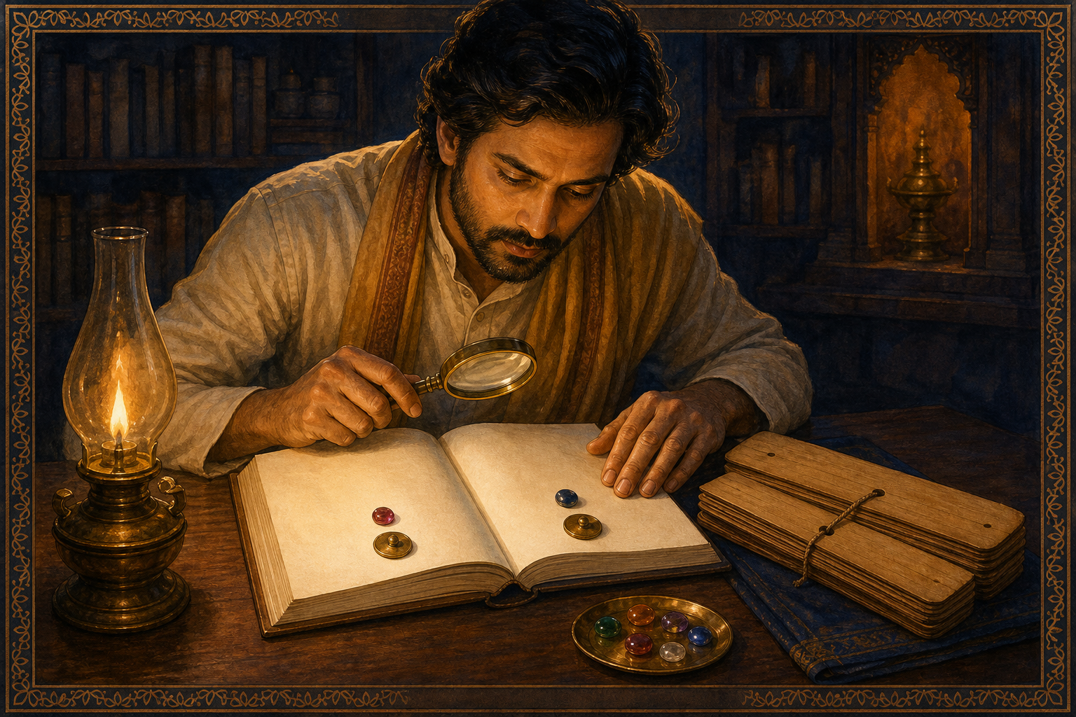 A reader examines an open book beside unlettered palm-leaf folios, brass markers, and gemstones under warm lamplight.