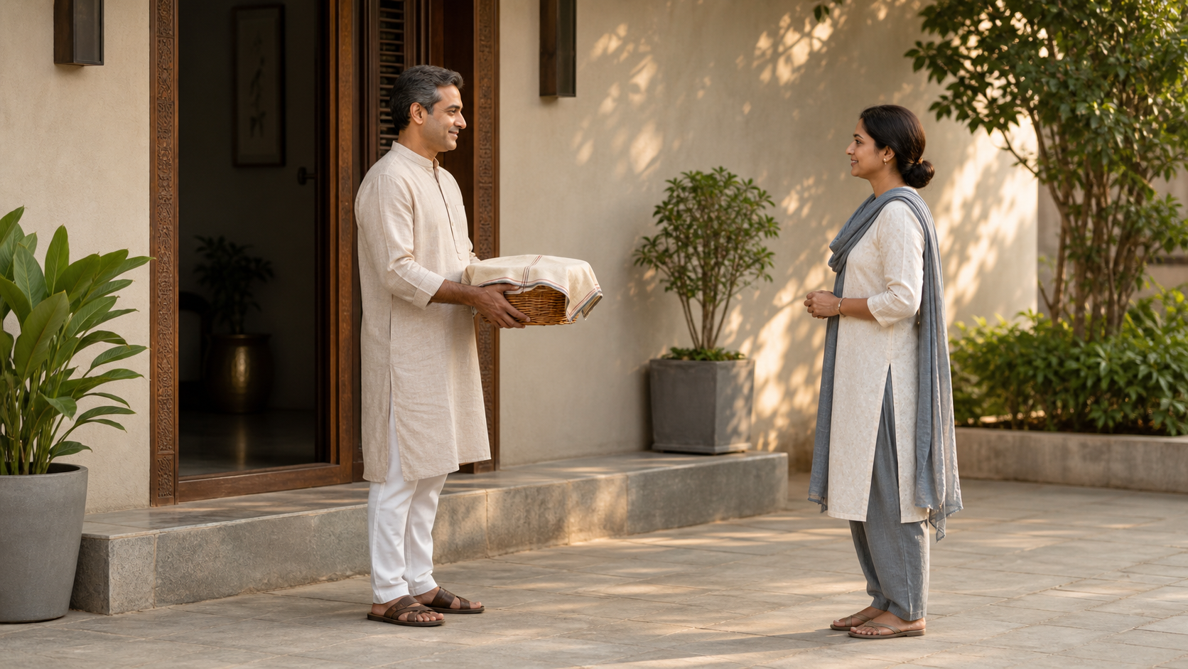 A householder standing outside an Indian home offers a covered food basket to a visitor beside the doorway, leaving the stone threshold unobstructed.