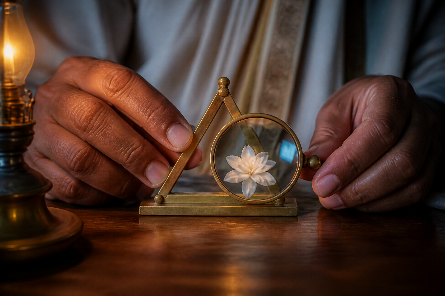A reader's hands arrange a brass frame, a white jasmine flower, and a glass lens together on a wooden study table.