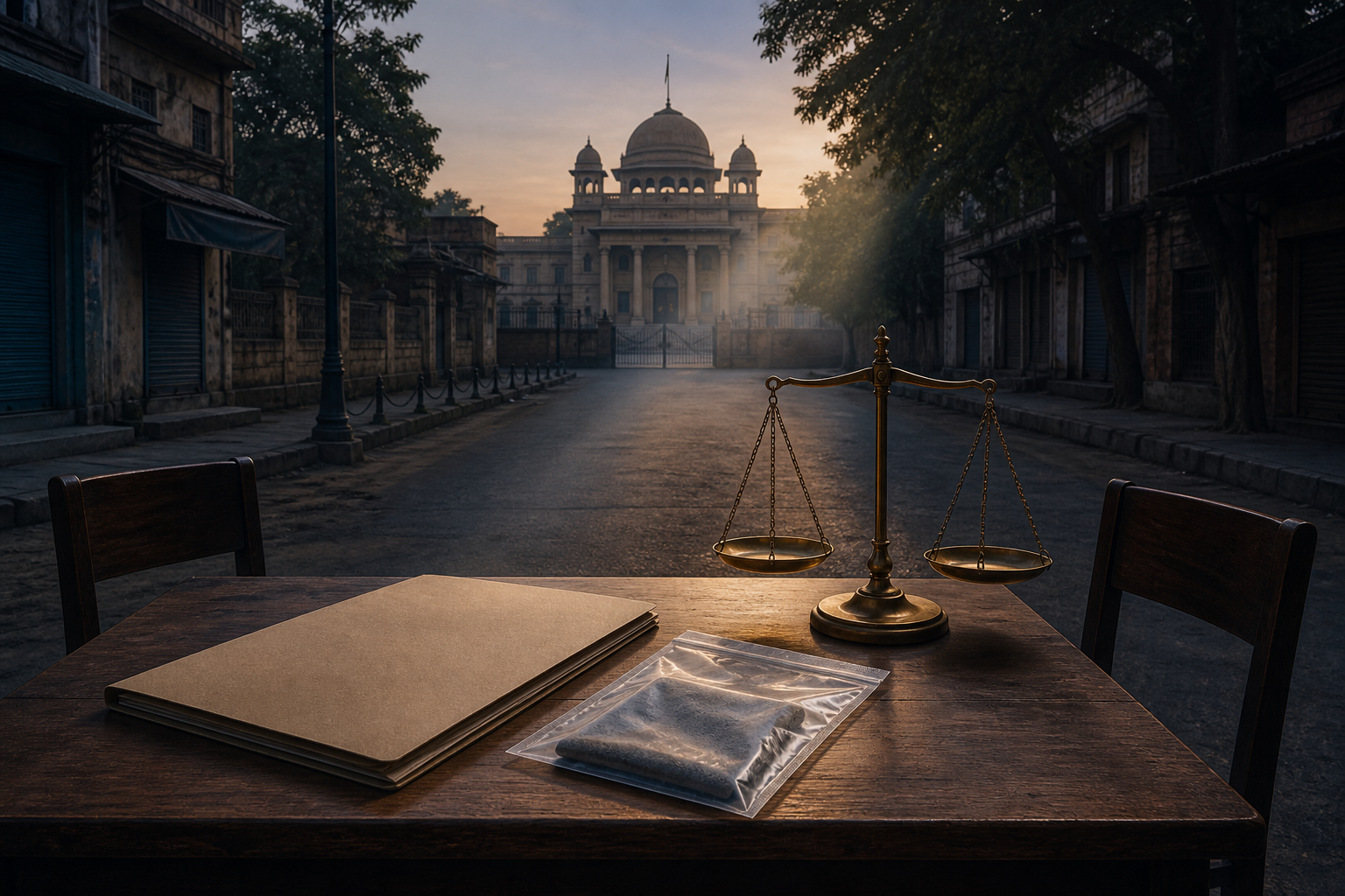 An unmarked case folder, sealed evidence pouch, and balanced scale sit before two empty chairs, with a district courthouse visible in the distance.