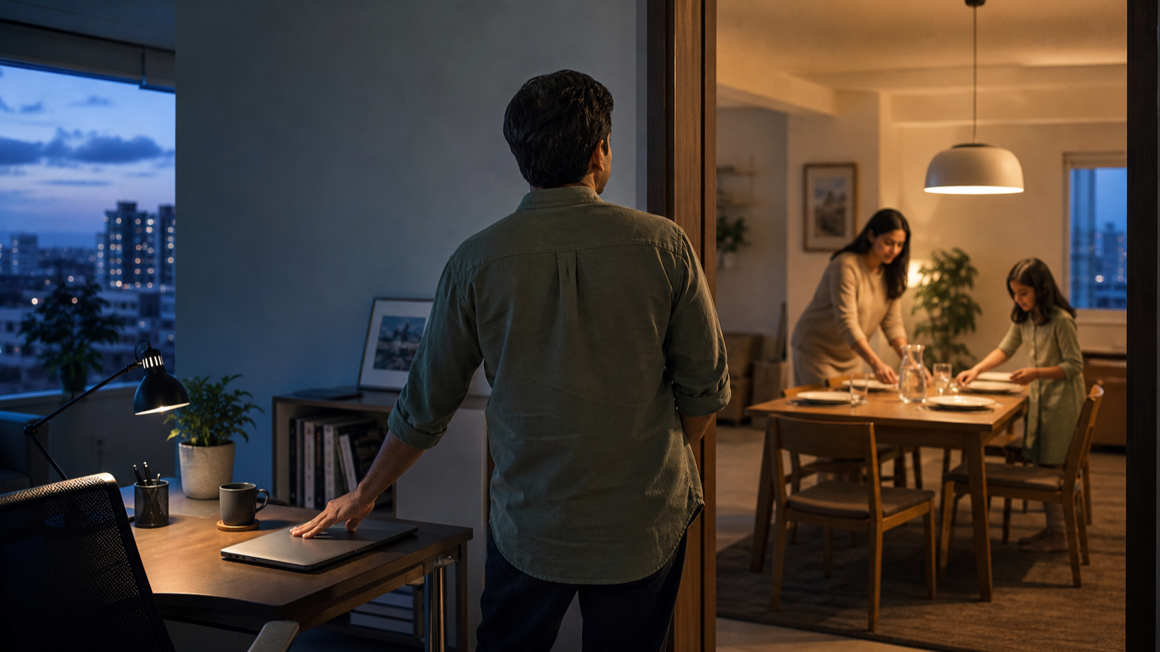 A professional closes a laptop in a cool, dim home office and turns toward loved ones setting a table in a warmly lit room.