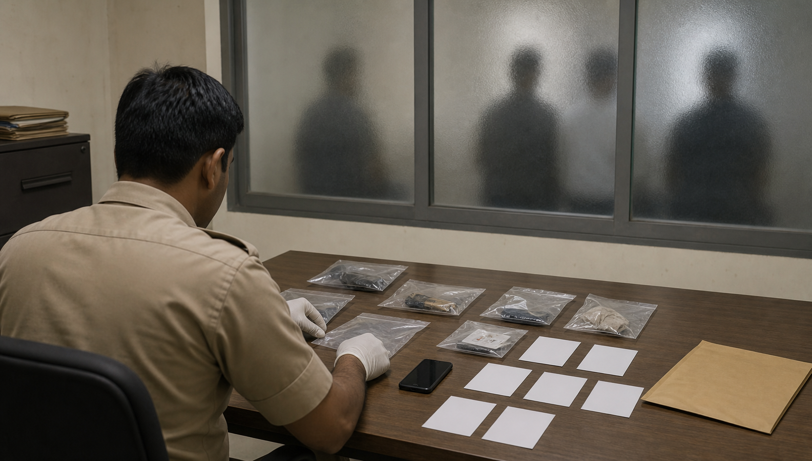A police investigator organizes sealed evidence bags, a phone, and blank photo cards on a table while indistinct figures wait behind frosted glass.