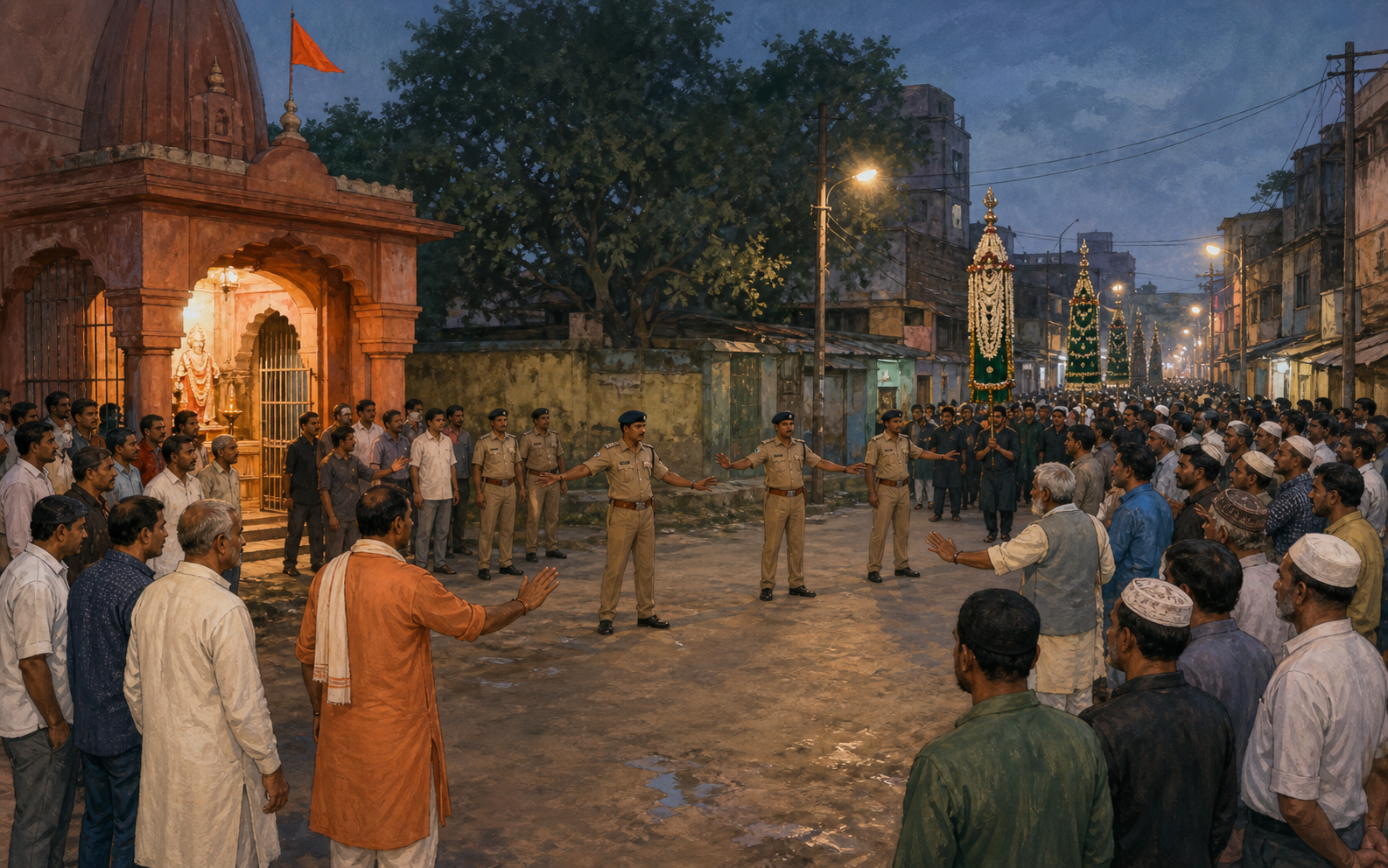 Police maintain space between people near a Hanuman temple entrance and a Muharram procession route at dusk in a restrained editorial illustration.
