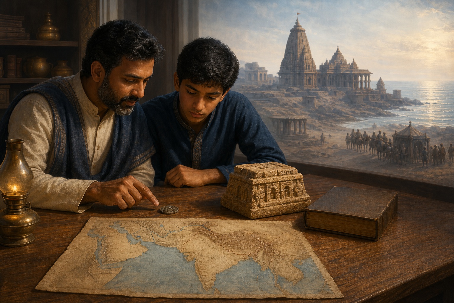 A parent and teenage student examine a medieval coin, a stone fragment, a closed book, and a relief map while a coastal temple appears in a layered historical background.