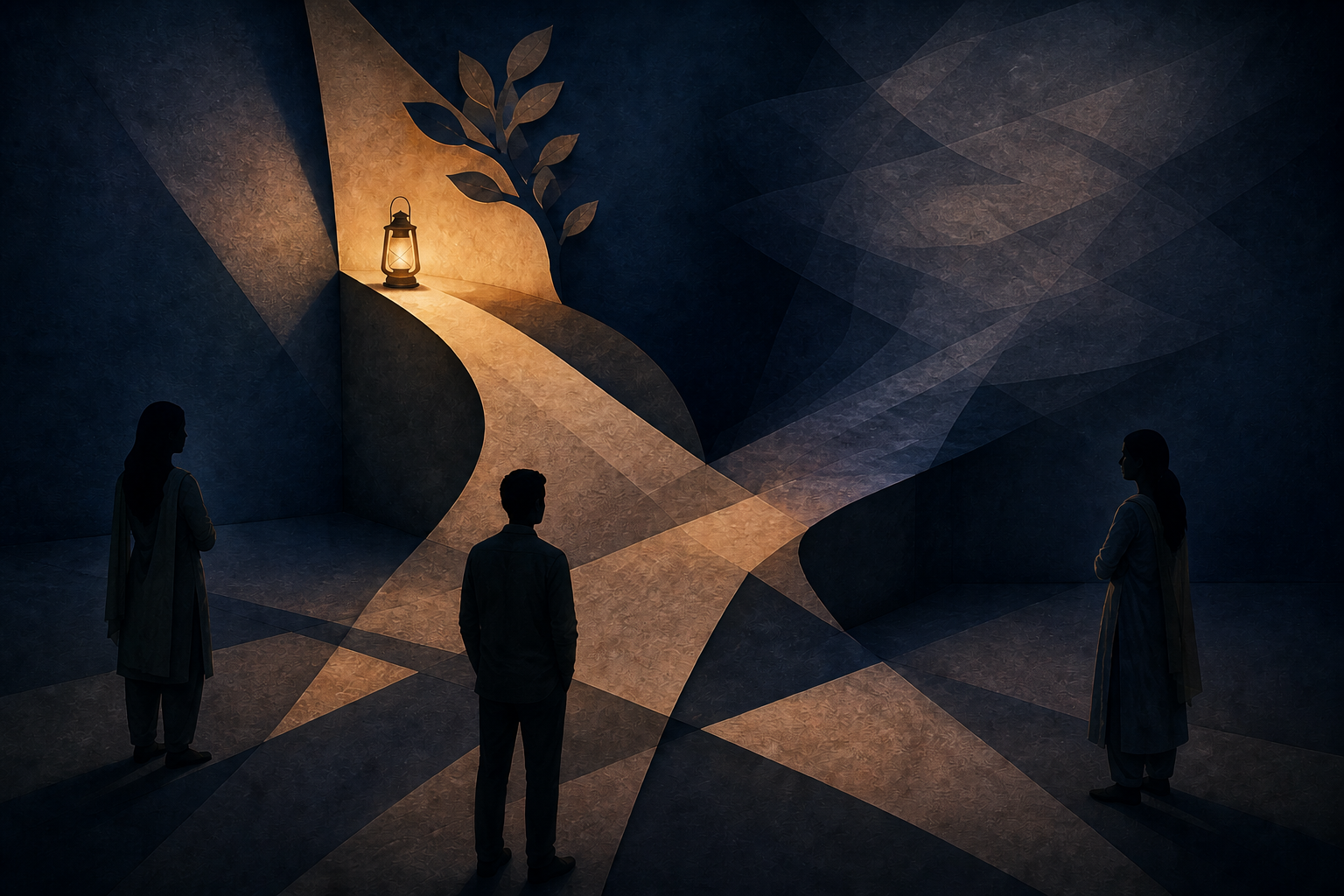 Three anonymous silhouettes are divided by intersecting shadows, while an evidence lamp illuminates one path and another fades into haze.