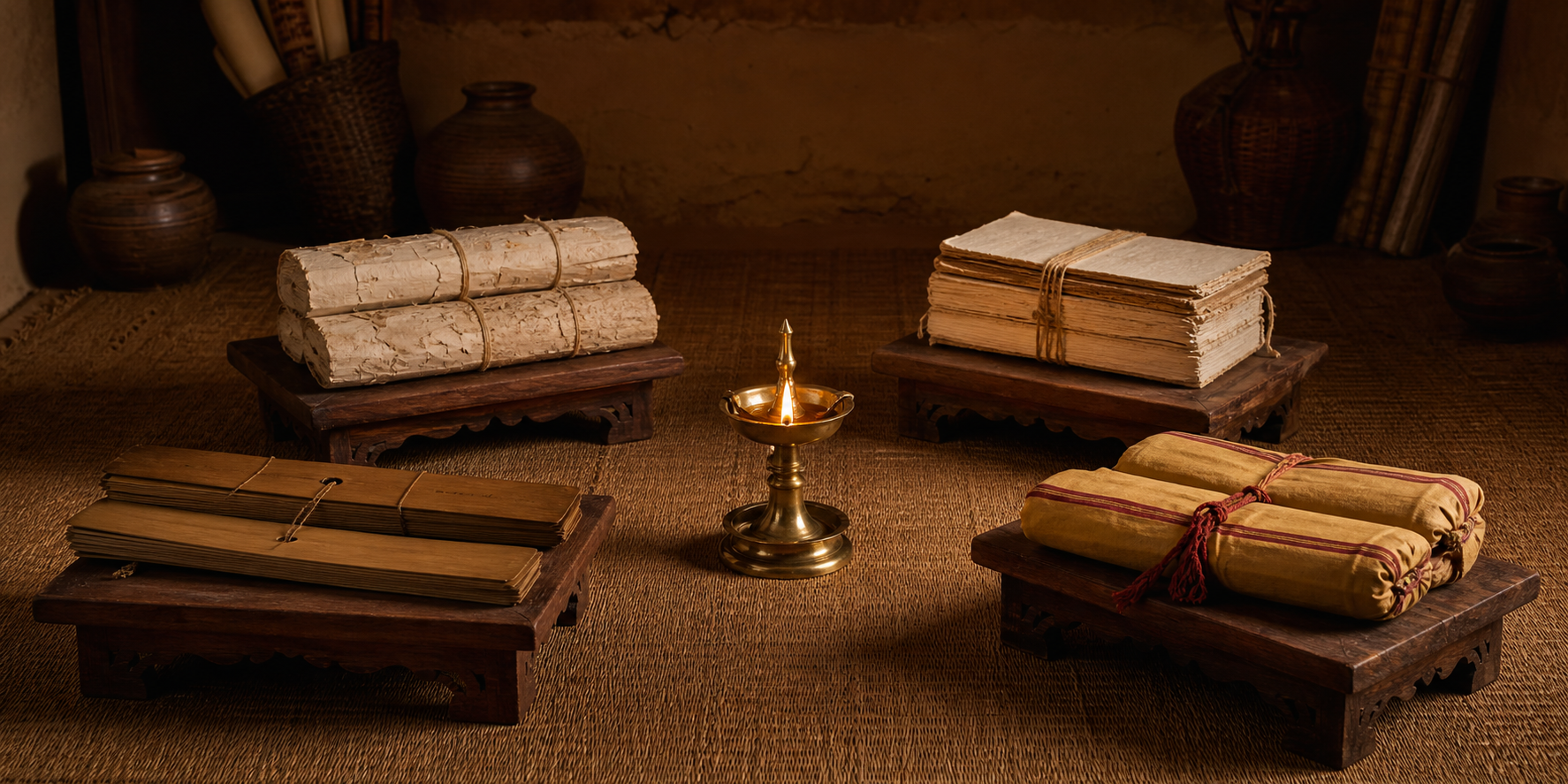 Distinct palm-leaf, birch-bark, paper, and cloth manuscript bundles rest on separate wooden stands around a central brass lamp.