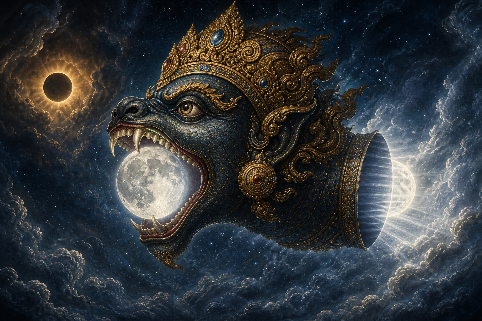 A crowned bodiless serpent head opens its mouth around the Moon as moonlight emerges again beyond its neck.