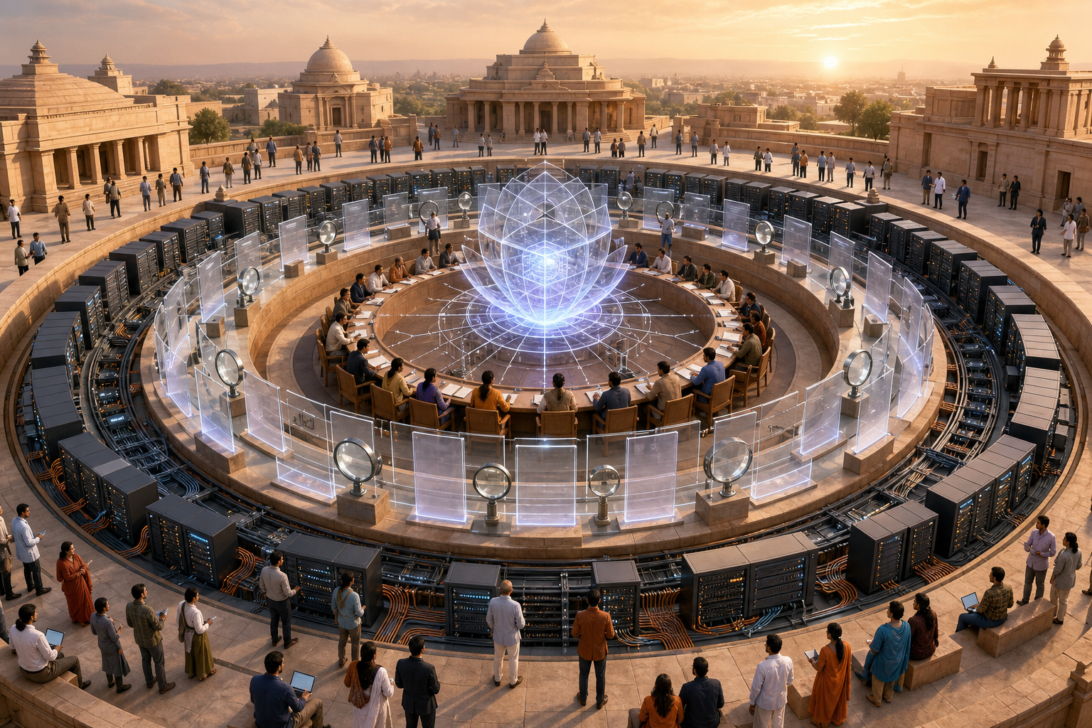 A circular sandstone civic forum surrounds a luminous AI core protected by layers representing human oversight, audits, secure infrastructure, courts, institutions, and citizens.