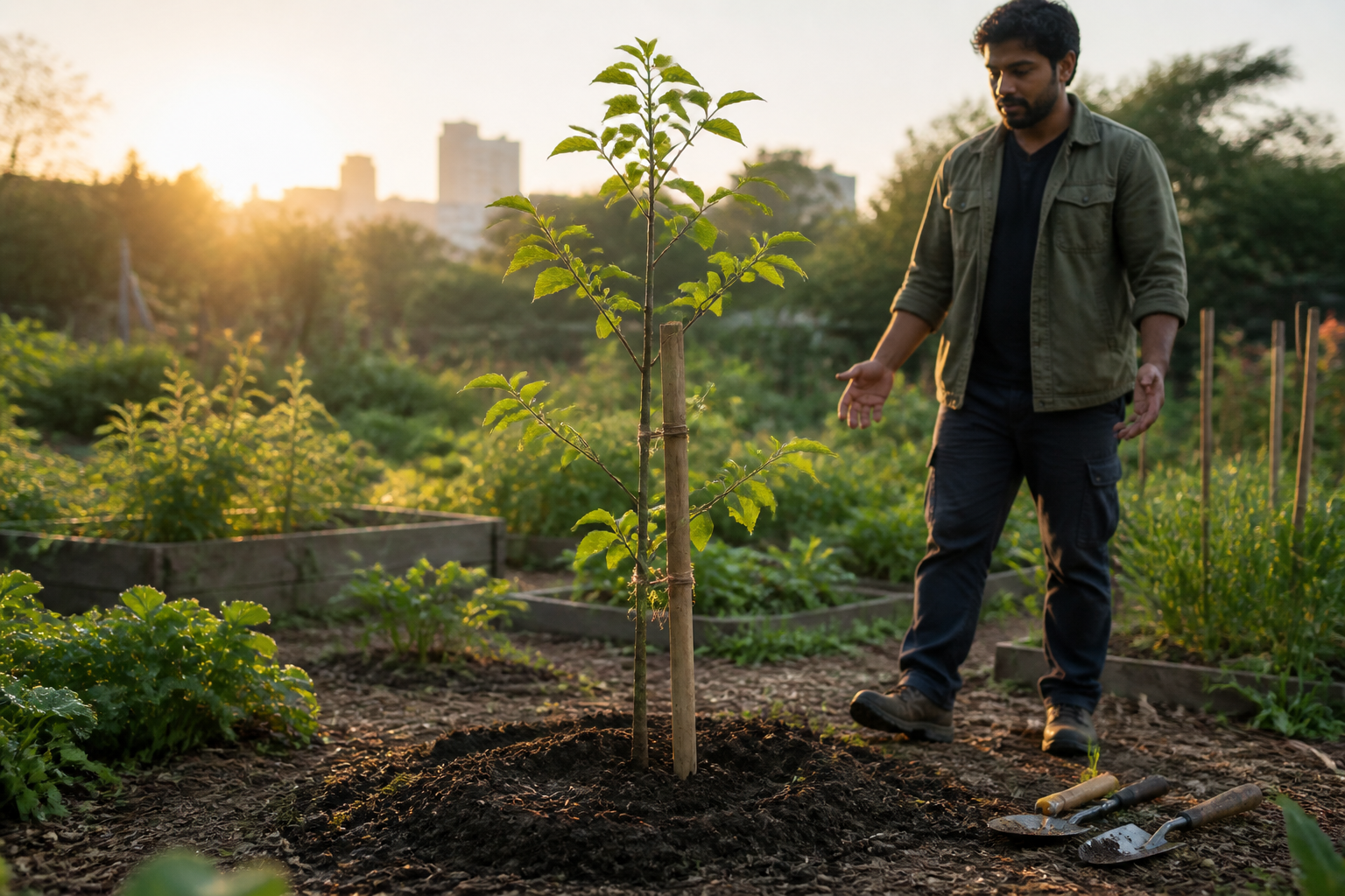 A gardener steps back with relaxed hands after carefully planting and staking a young tree in the morning light.
