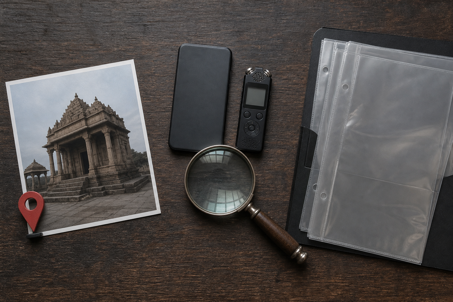 A map pin, an unmarked temple image, recording devices, an incomplete evidence folder and a magnifying glass are arranged in three groups on a desk.