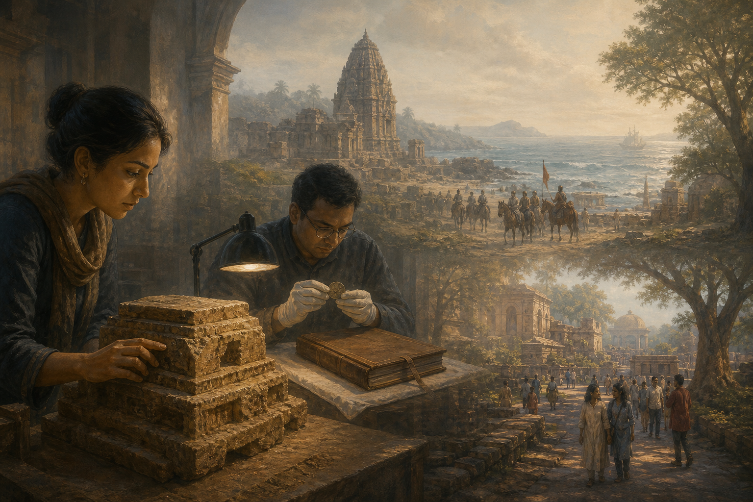 A layered illustration shows a student studying a stone fragment, a conservator examining artifacts, a distant medieval temple setting, and later visitors preserving cultural memory.