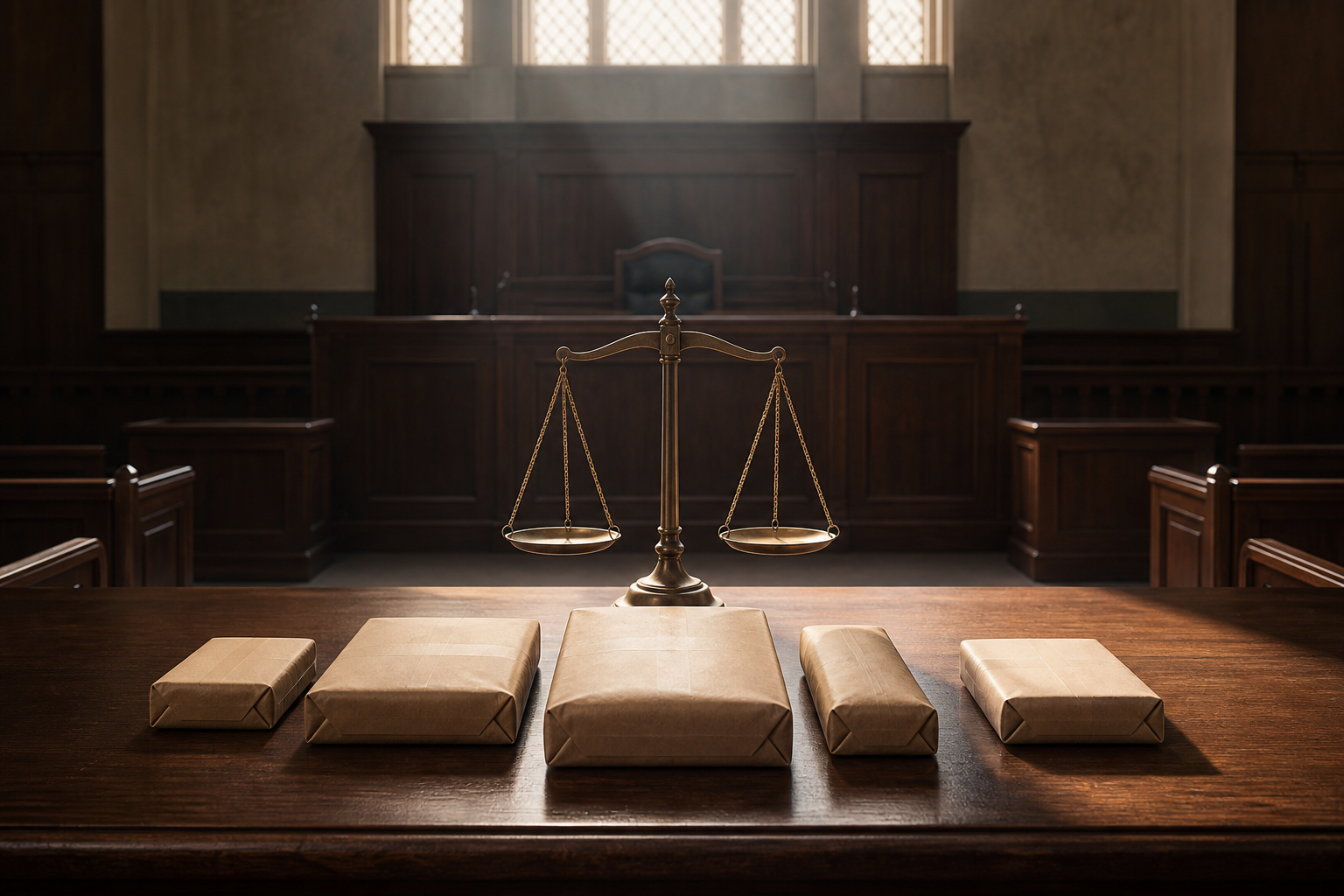 Sealed evidence exhibits and balanced scales rest on a courtroom table before an empty judge's bench and witness stand.