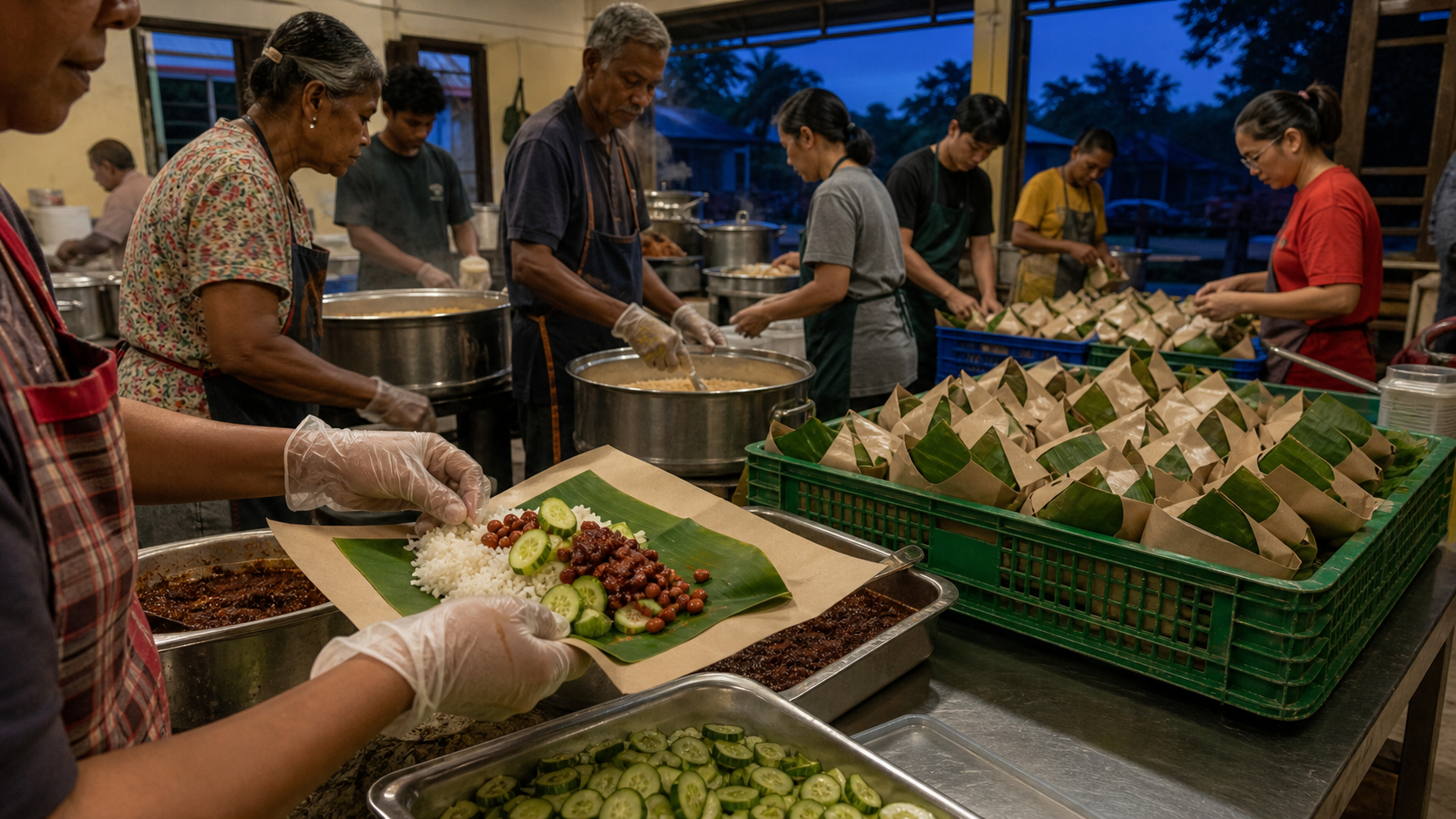 Volunteers prepare and pack vegetarian nasi lemak in a community kitchen before sunrise.