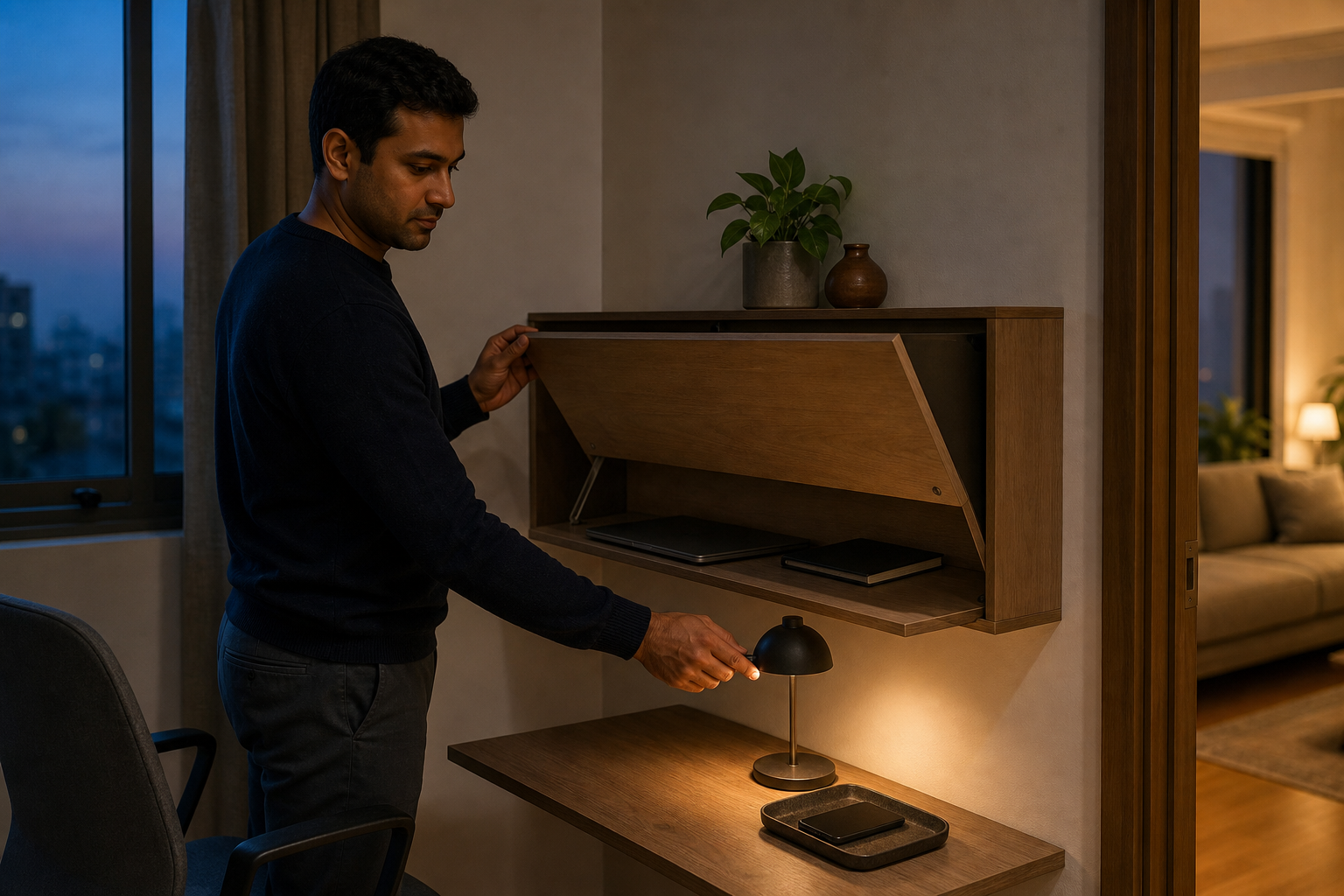 A professional closes a foldaway home-office desk after storing a laptop and notebook, with a phone resting face down nearby.