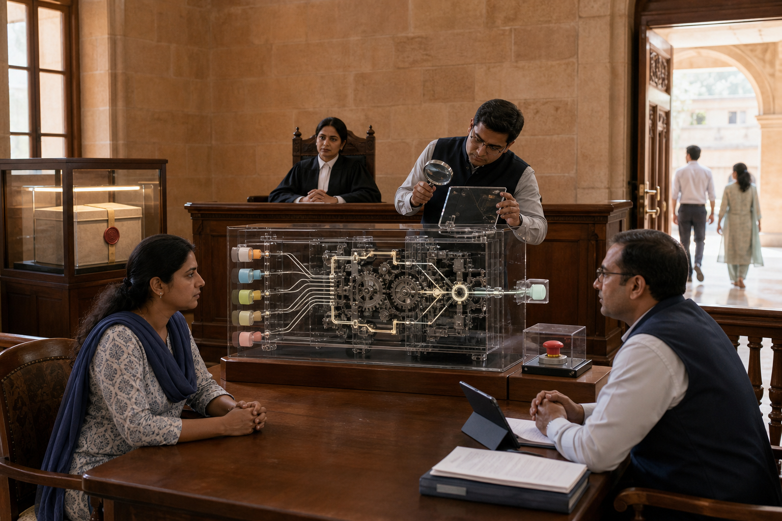 A citizen, public official, auditor, and adjudicator examine the transparent workings of an automated decision system in a hearing room.