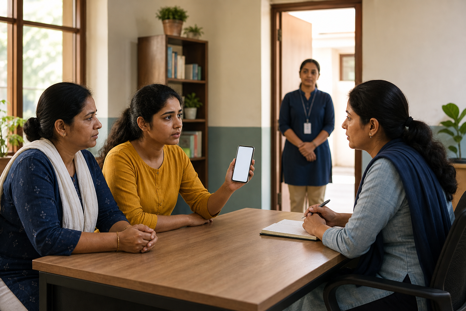 A worried young adult and a family member show a phone to a support officer inside a bright community help center.