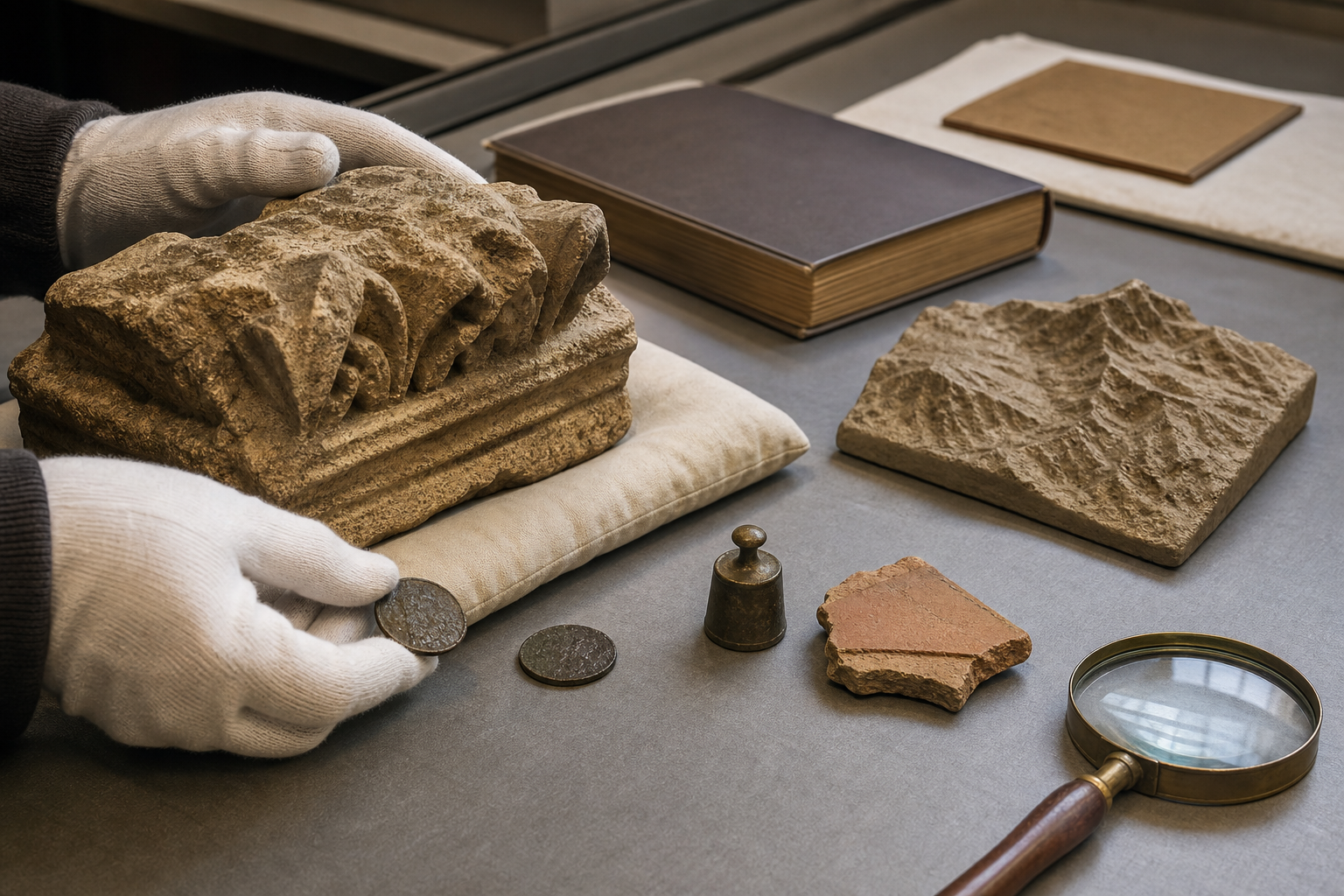 Gloved hands compare a sandstone fragment, medieval coins, a trade weight, pottery, a closed folio, and an unmarked relief map on a museum study table.