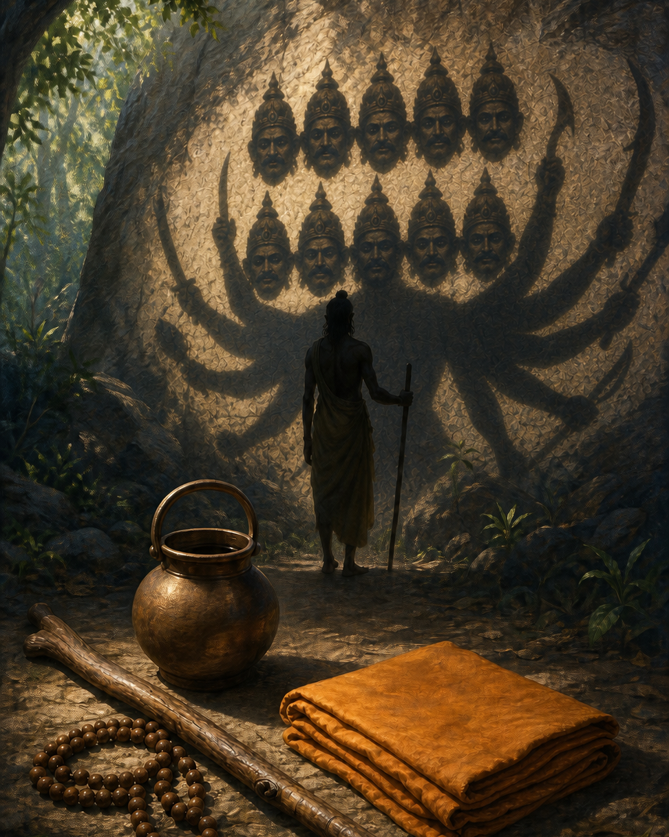 An ascetic's staff, water pot, beads, and ochre cloth stand before a shadow that expands into ten-headed Ravana.