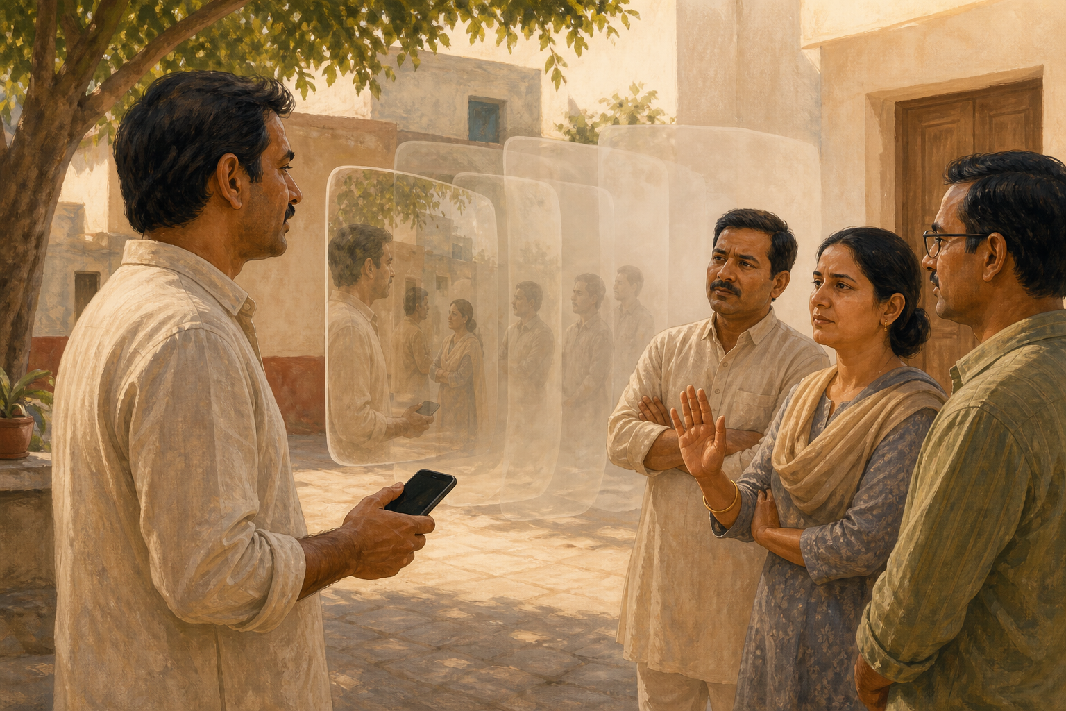 A person pauses with a smartphone before sharing information with neighbors who listen cautiously in a quiet courtyard.