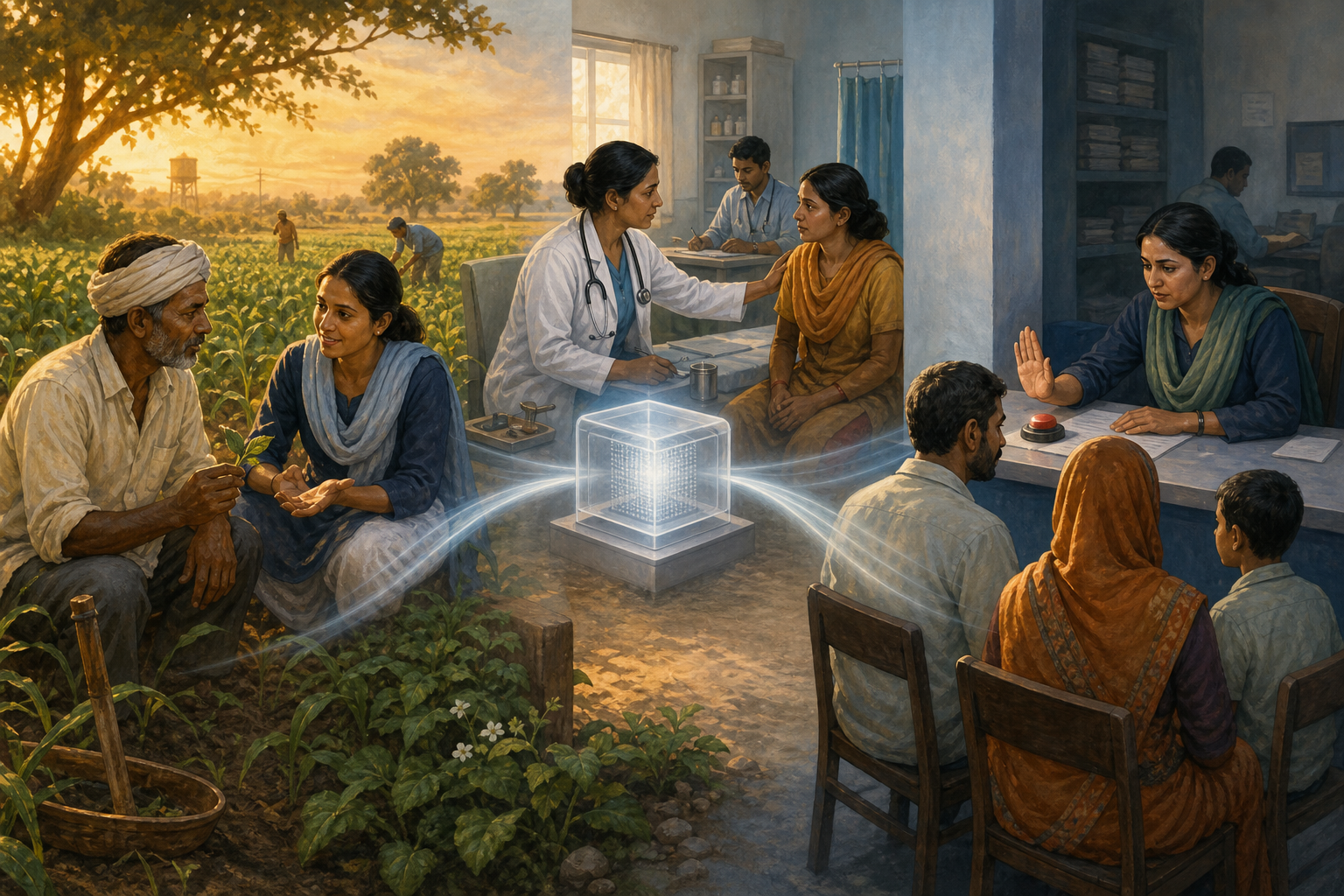 One abstract AI engine is shown supporting a farmer, assisting a clinician, and informing a public-benefits decision under different levels of human oversight.