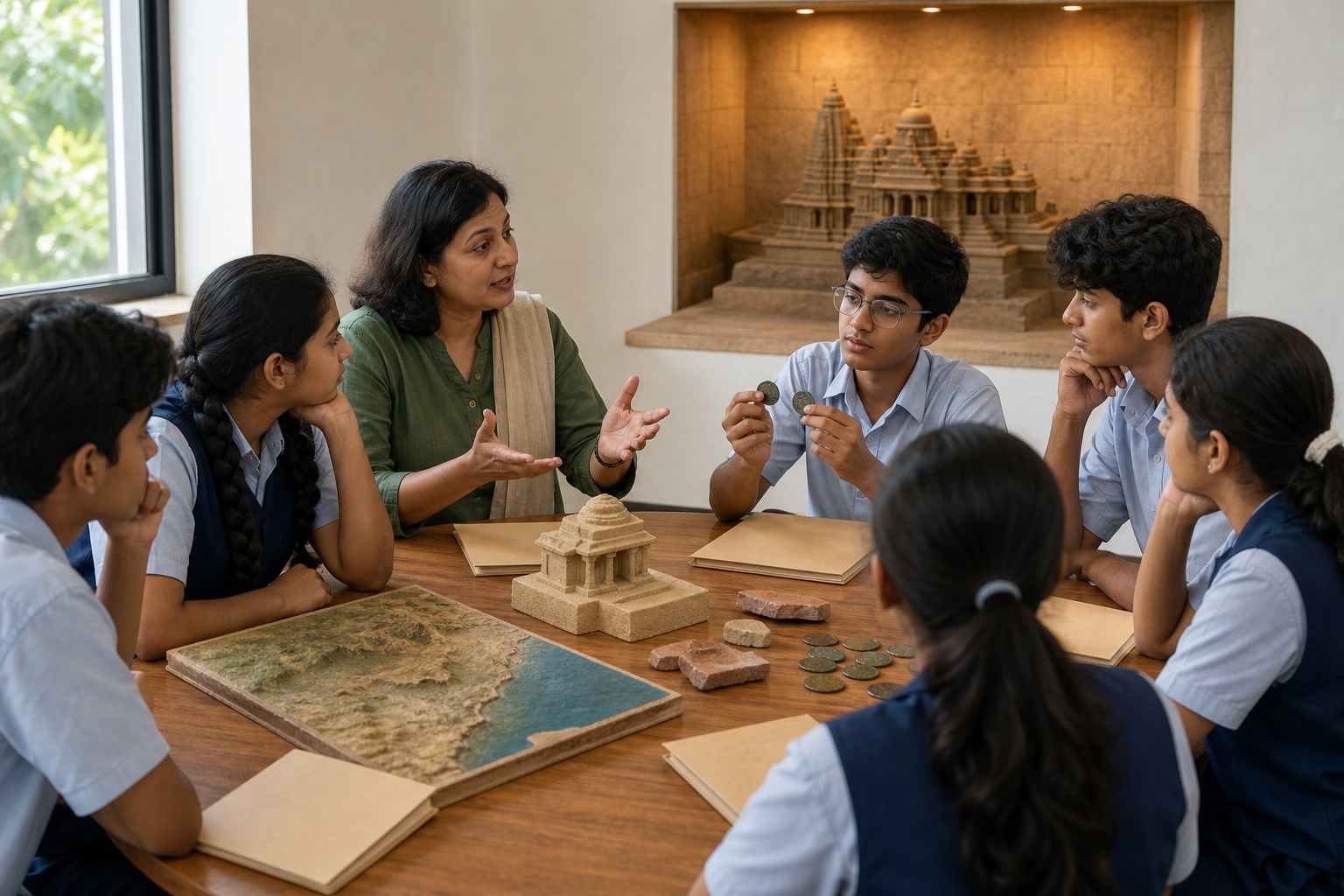 A teacher and students discuss medieval history around a table with replica coins, stonework, pottery, and an unlabeled terrain model.