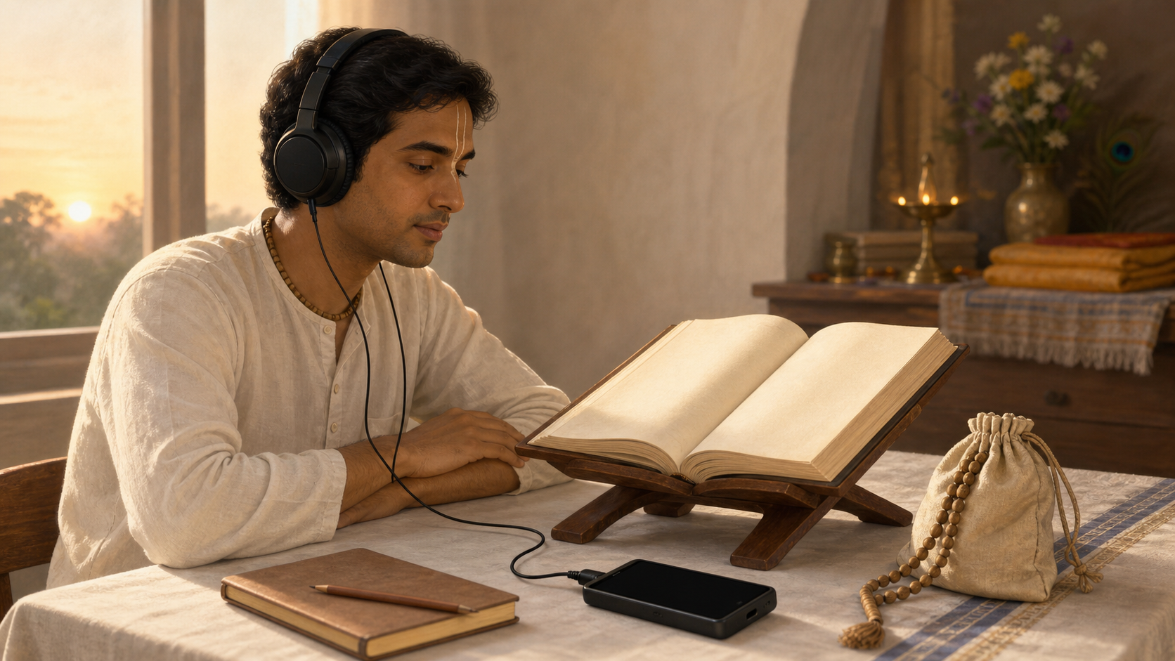 A Gaudiya Vaishnava practitioner wearing headphones sits at a cloth-covered desk with an open scripture on a wooden bookstand, a notebook, and a prayer-bead bag nearby.