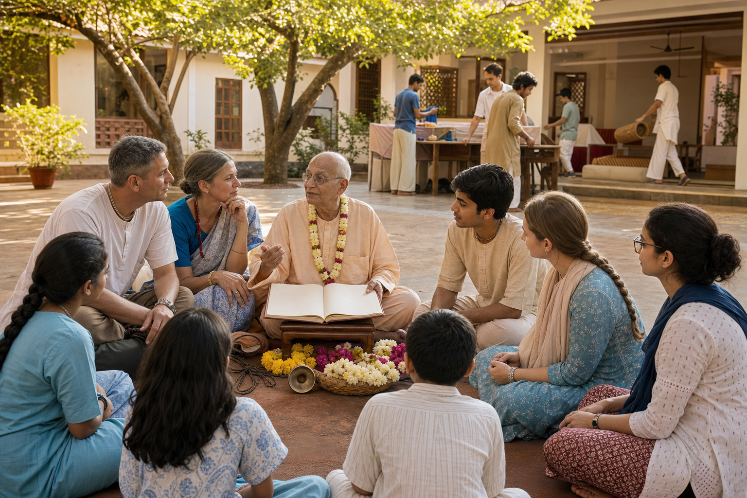 Older and younger community members gather for devotional learning in a sunlit courtyard.