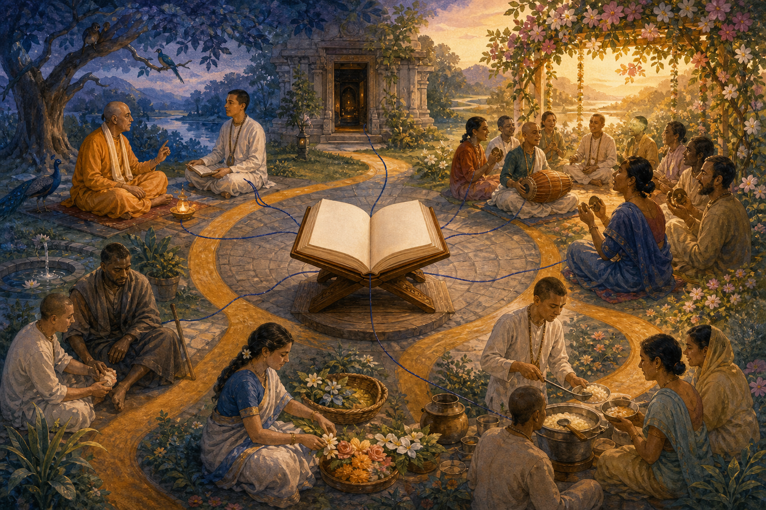 An open scripture anchors a circular illustration with blue threads connecting people and nature, a saffron path passing through devotional practices, and a sunlit musical gathering beneath flowering vines.