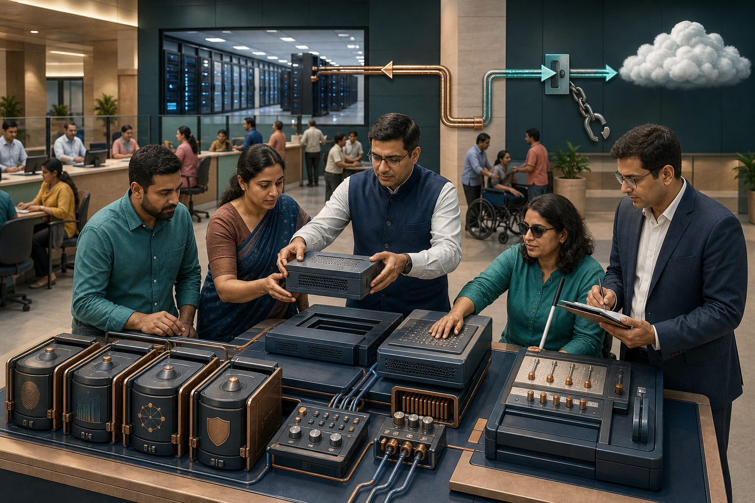 A public procurement team tests interchangeable AI modules, local data storage, audit tools, fallback controls, and alternative infrastructure in a civic operations center.