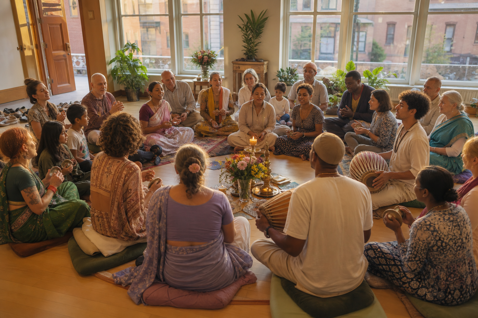 A diverse group of adults and children participates in music and prayer inside a community hall.