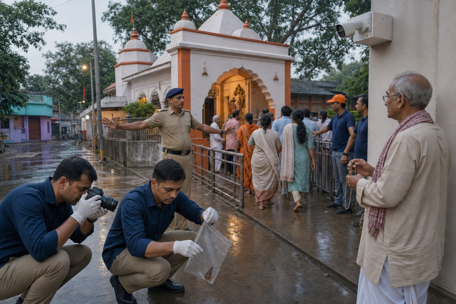 Worshippers use a protected passage into a Hanuman temple while police, volunteers and evidence officers calmly secure and document the surrounding area.