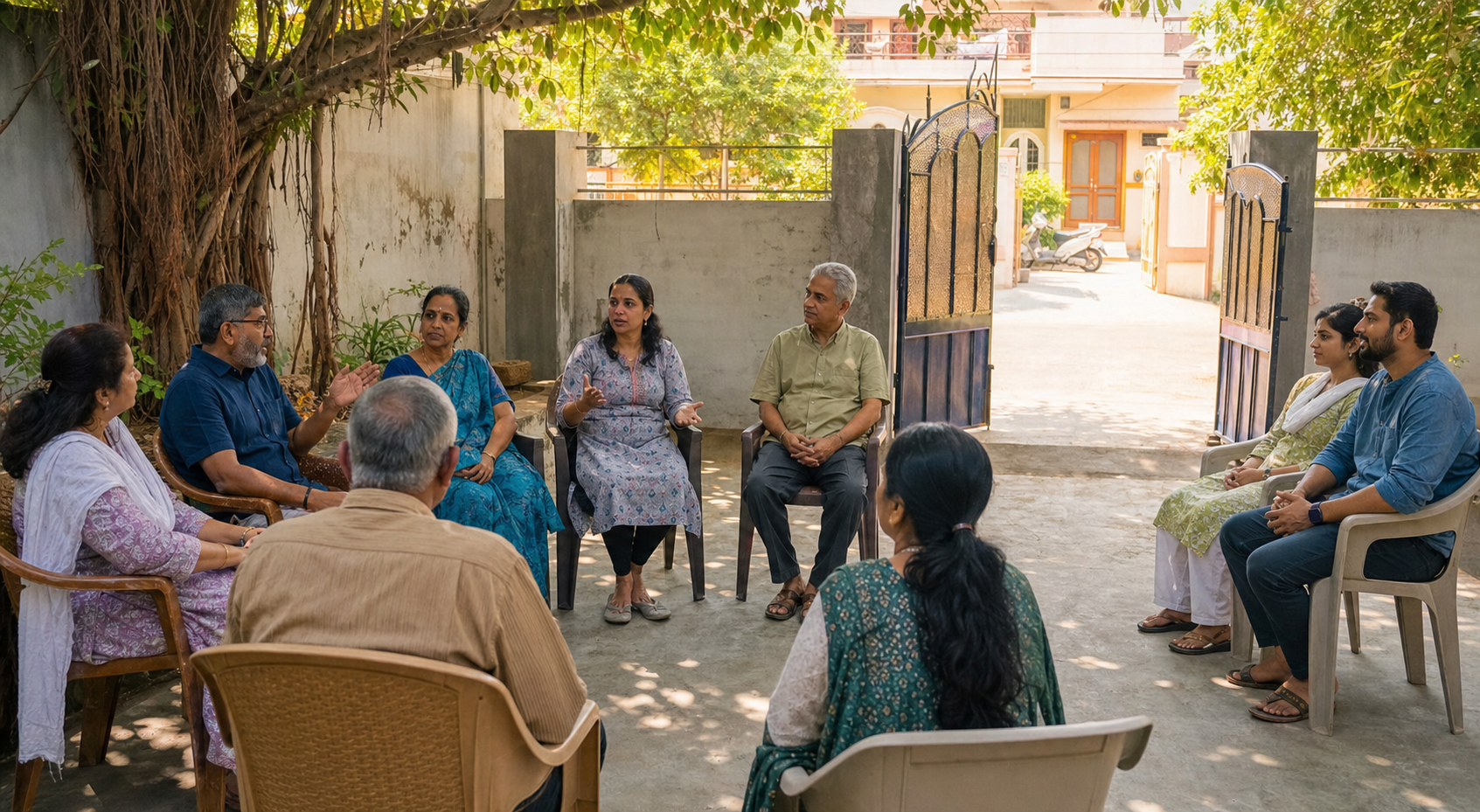 Adults hold a calm discussion in a shaded Indian courtyard while a couple sits near an unobstructed open gate.