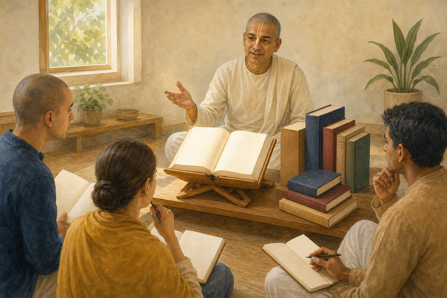 A scripture rests on a central wooden stand beside separate commentary volumes as a teacher explains and two listeners reflect with plain notebooks.