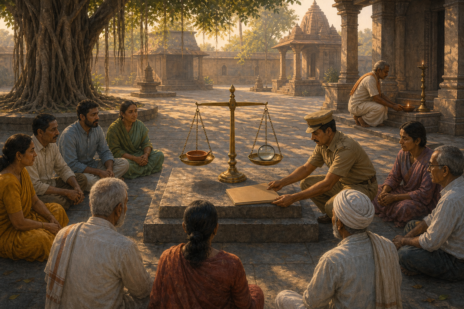 Community representatives sit around a level brass balance holding a clay lamp and a glass lens as an official presents a sealed folder in a temple courtyard.