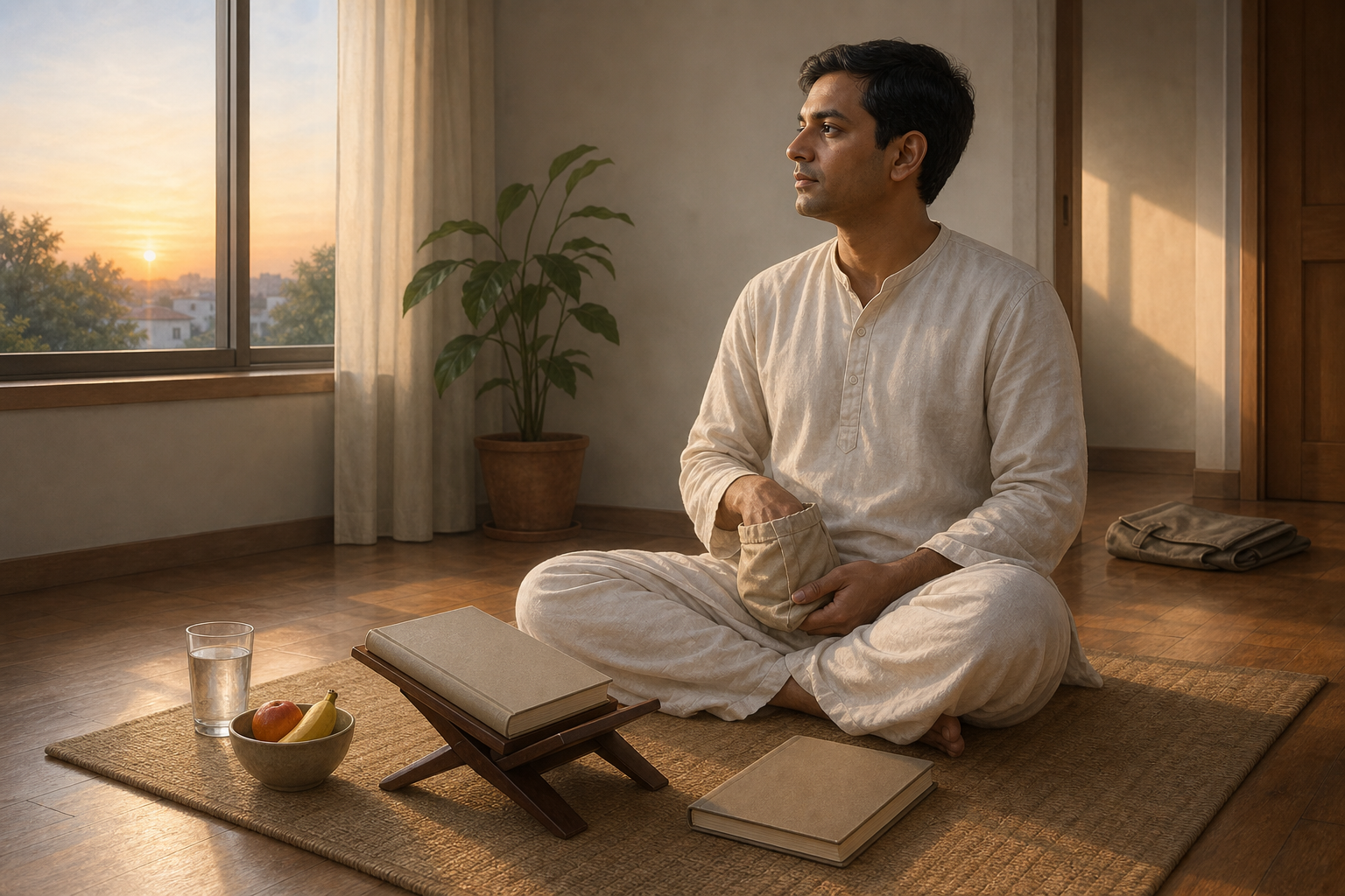 A Gaudiya practitioner performs morning japa beside a closed scripture and notebook, with water, fruit, and a work bag prepared for the day.