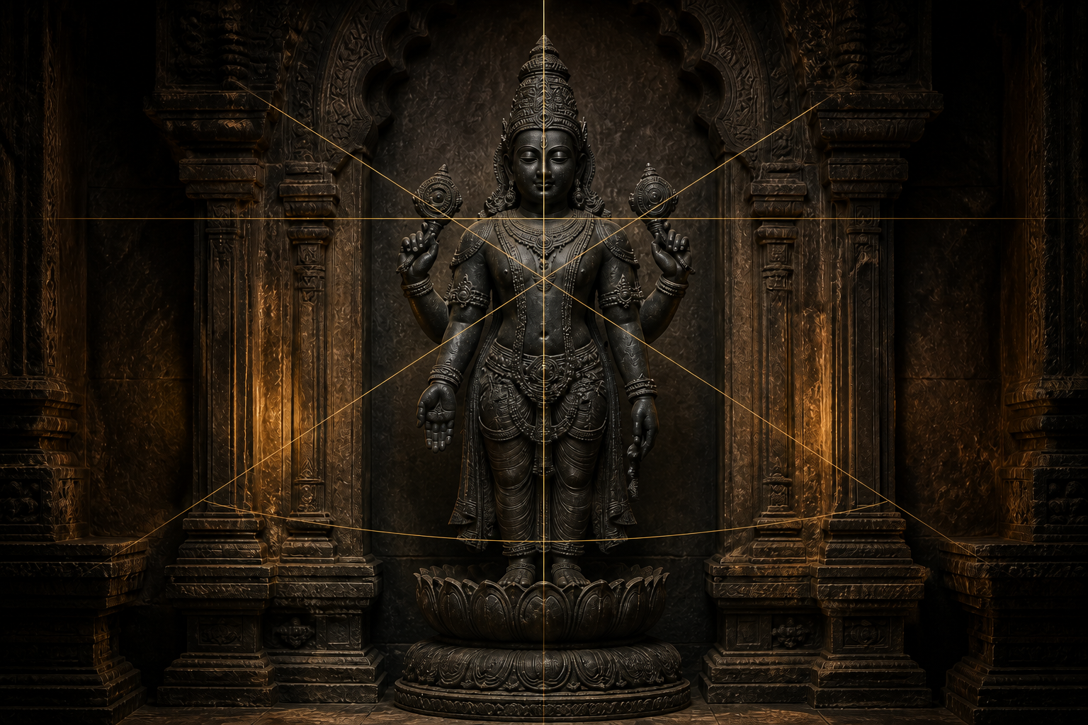 A front-facing stone Hindu murti in a carved alcove, illuminated by warm lamps and crossed by five fine golden alignment threads.