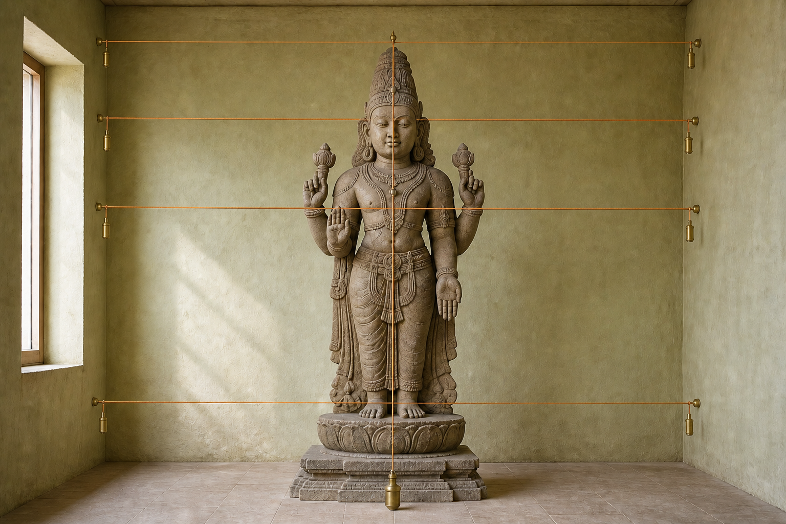 A frontal stone murti in a sculptor's workshop with five taut measuring cords relating its center, head, torso, limbs, and pedestal.