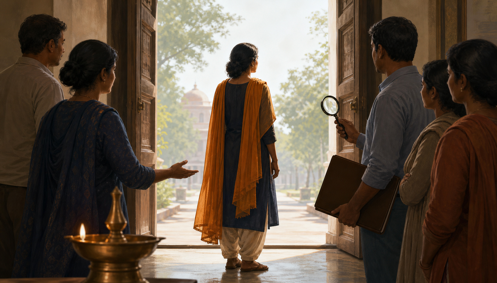 An adult woman stands in an open doorway near supportive community members, a closed folder, a magnifying glass, and a glowing oil lamp.