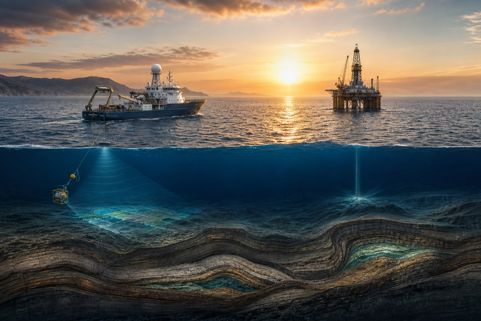 An offshore research vessel and drilling platform survey the Indian Ocean above layered seabed rock formations at sunrise.