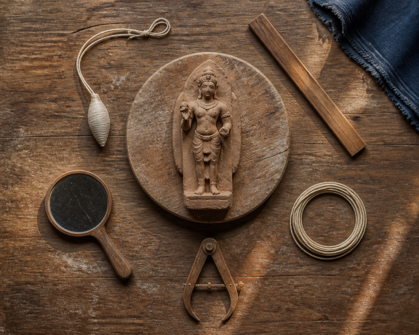 An unfinished clay murti on a wooden turntable surrounded by a plumb line, straightedge, measuring cord, calipers, and mirror.