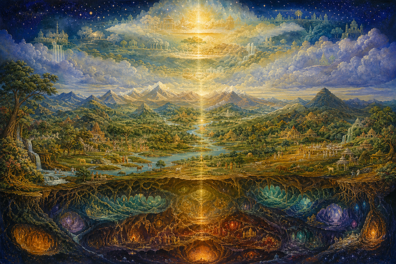 A layered cosmic landscape with an inhabited earthly region between luminous upper domains and glowing subterranean domains.