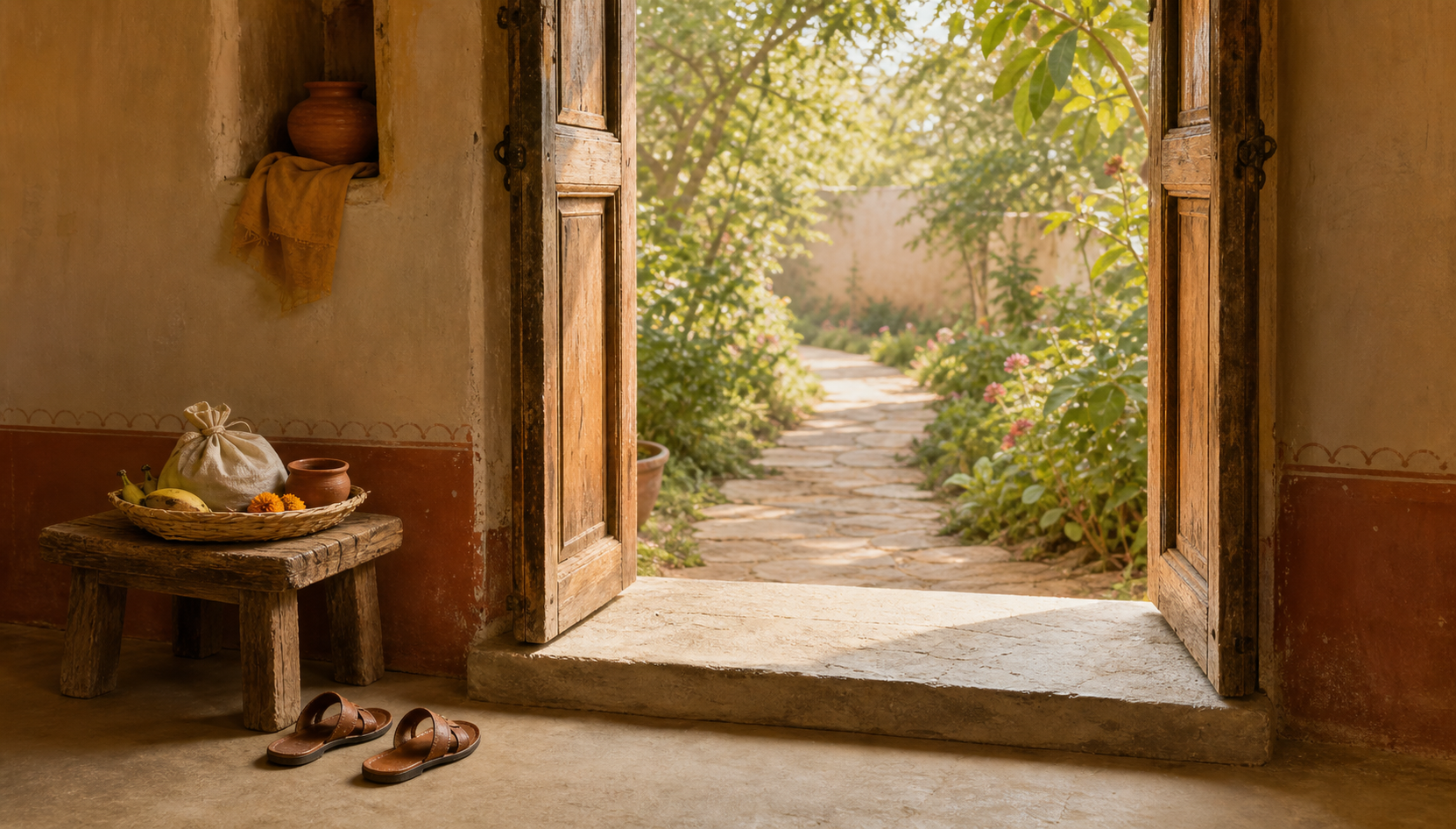 An open wooden doorway with an empty stone sill and a food parcel resting on a low stool beside the entrance.