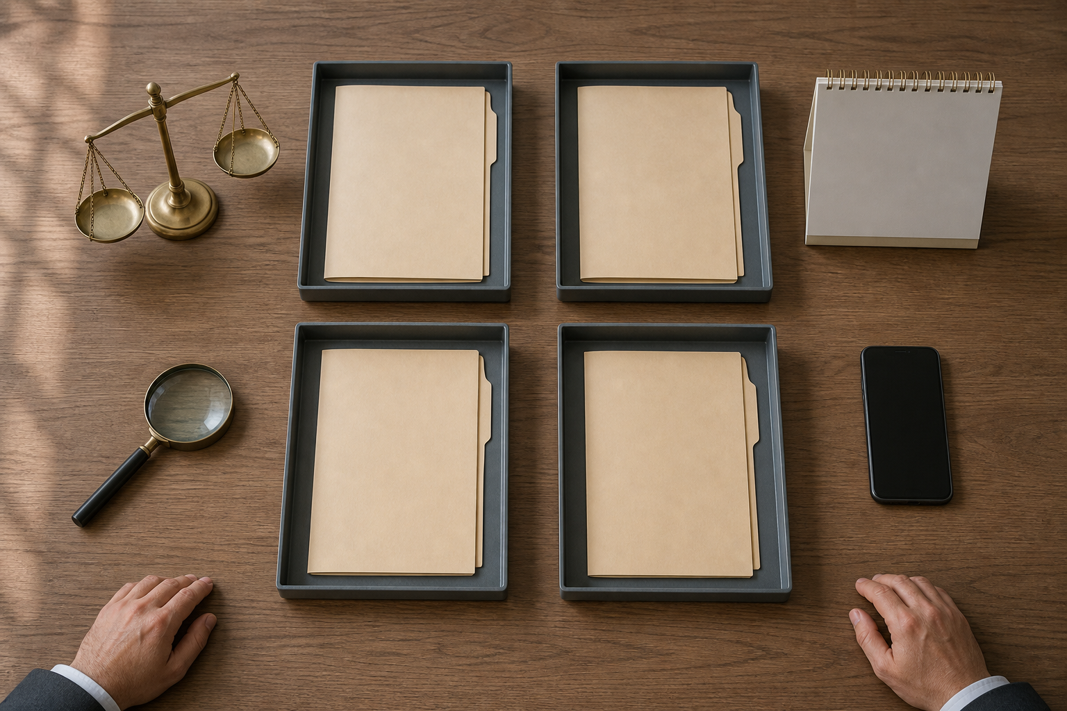Four unlabeled folders sit in separate trays beside a magnifying glass, a blank phone, an unmarked calendar, and a balance scale.