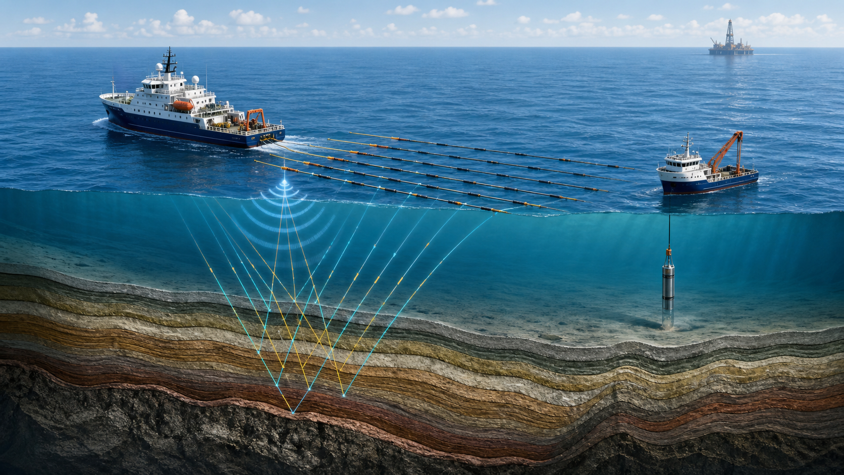 A seismic survey vessel tows underwater sensors while a research ship collects a seabed core above layered marine geology.