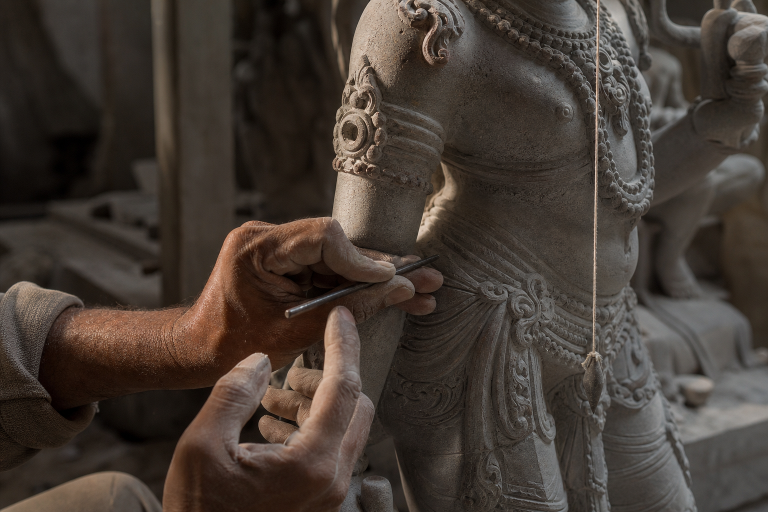 A stone sculptor's hands refine a murti beside a plumb cord, with small hand-carved variations visible in the ornament and folds.